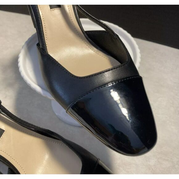 DUMJEY Black Sz 8 1/2 Faux Leather Slingback 2 Tone Close Toe Chunky Block Heels - Picture 5 of 8